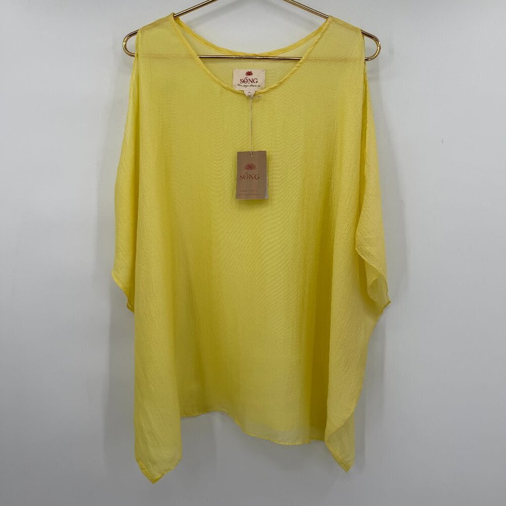 SONG Bat Wings Oversized Top Yellow Neon Semi Sheer 100% Silk Women's L NWT